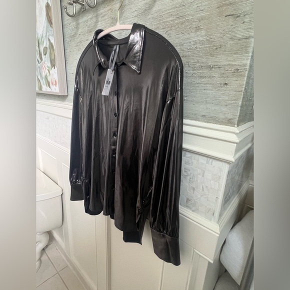 NWT new SP small petite Anthropologie shine button down shirt carbon gunmetal - Picture 7 of 17